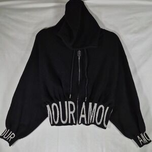 Enzoria Y2k Style Oversized Cropped Black‎ Zip Up Hoodie Rhinestone One Size
